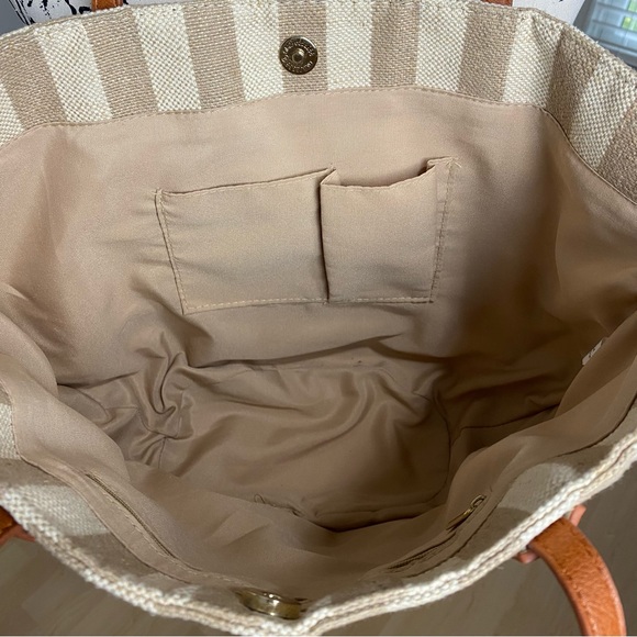 EUC Burlap Jute Natural Tote Shoulder Bag Tan Striped Leather Straps - Picture 11 of 15